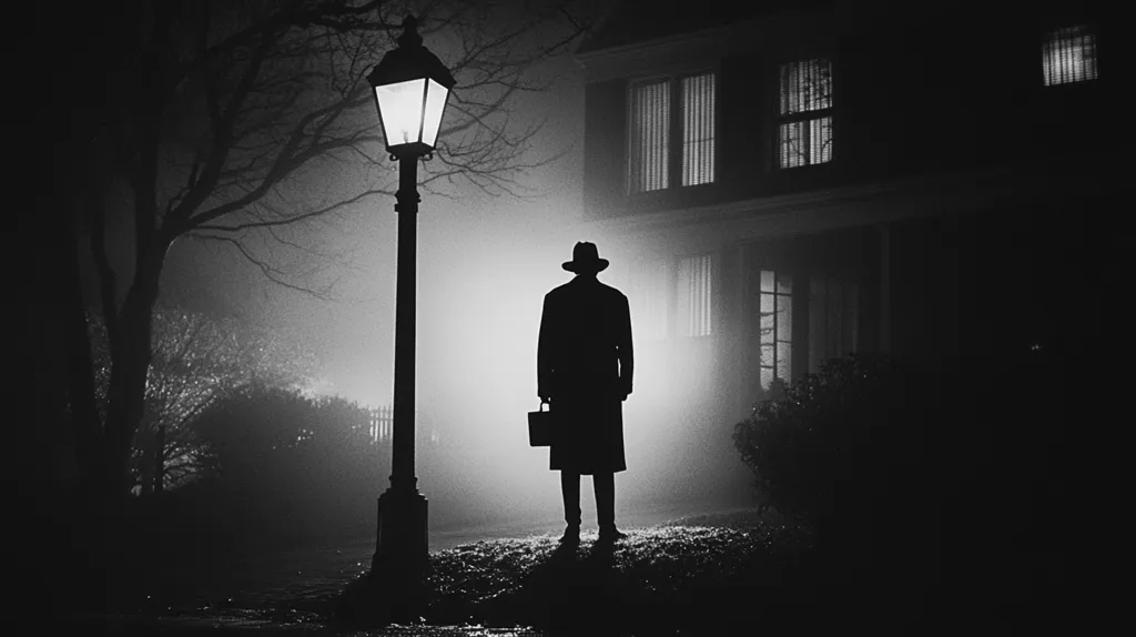 A shadowy figure in a fedora and coat stands in front of a house with a single lit street lamp casting a warm glow on the foggy street. The house has windows with blinds and a darkened doorway. The image is in black and white, creating a stark and atmospheric scene.