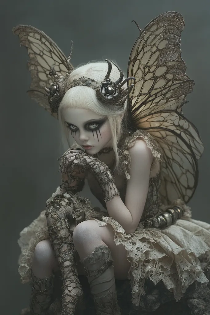 A young girl with pale skin and dark makeup, dressed in a white lace dress and intricate lace gloves,  wears a large butterfly wing headdress with metallic embellishments. She stares intensely at the camera, her expression both alluring and haunting. The dramatic lighting and gothic styling create a mysterious and ethereal ambiance.