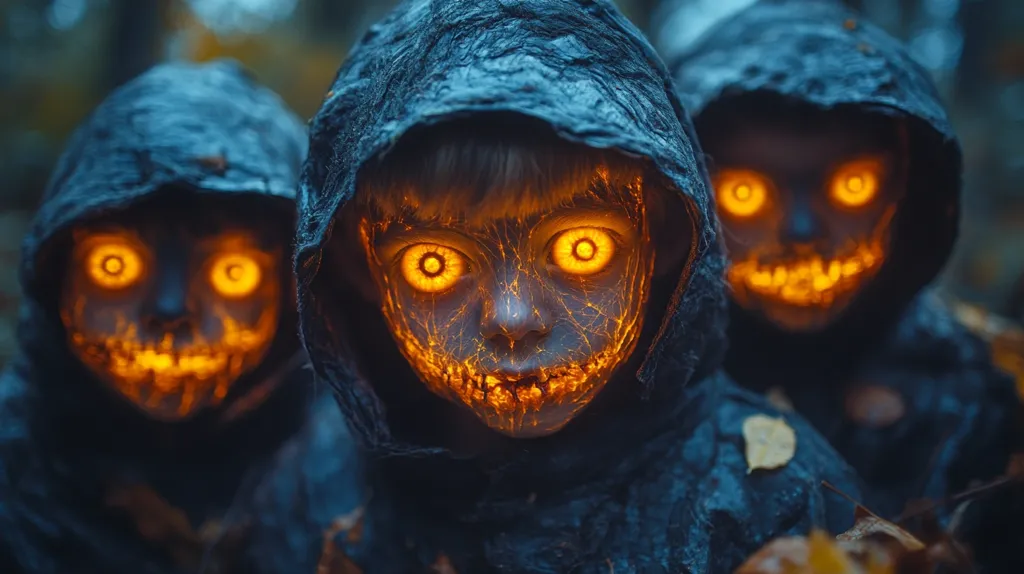 Three children in dark hooded cloaks stand in a forest. Their faces are covered in glowing orange flames, their eyes are wide and bright, and their mouths are twisted in menacing smiles. The image has a creepy and unsettling atmosphere, suggesting danger and evil. The background is blurred, focusing on the children's faces.