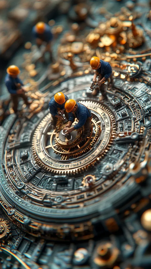 The image depicts a miniature scene of workers in hard hats, meticulously repairing a complex, intricately designed clockwork mechanism. The scene is full of intricate gears, cogs, and levers, all seemingly interconnected and functioning. The image highlights the beauty and complexity of mechanical engineering, with the miniature workers adding a whimsical touch to the intricate details. The scene is likely a creative representation of the human effort and ingenuity required to maintain and repair sophisticated machinery.