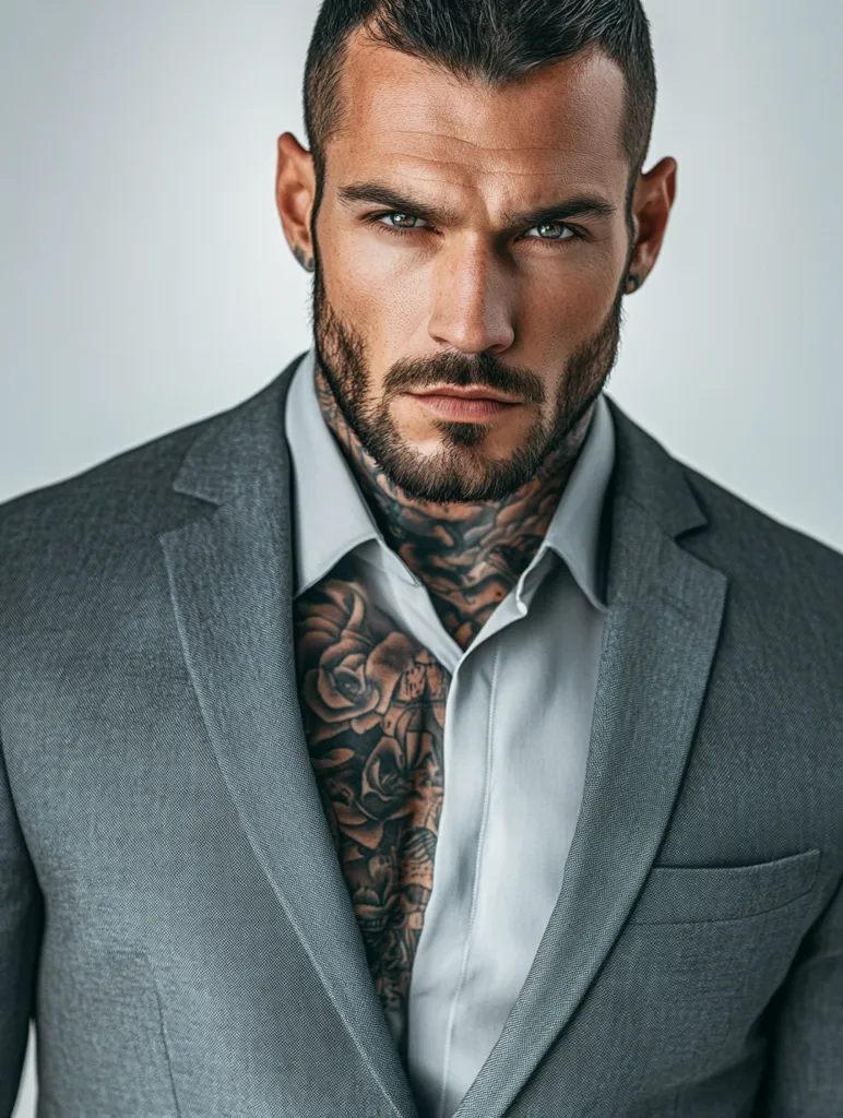 A man with short dark hair and a beard is wearing a grey suit and a white dress shirt. He is looking directly at the camera with a serious expression. He has tattoos on his chest and neck. The background is a plain white wall. The photo is taken from a close-up perspective.  He is in sharp focus. The lighting is soft and even.