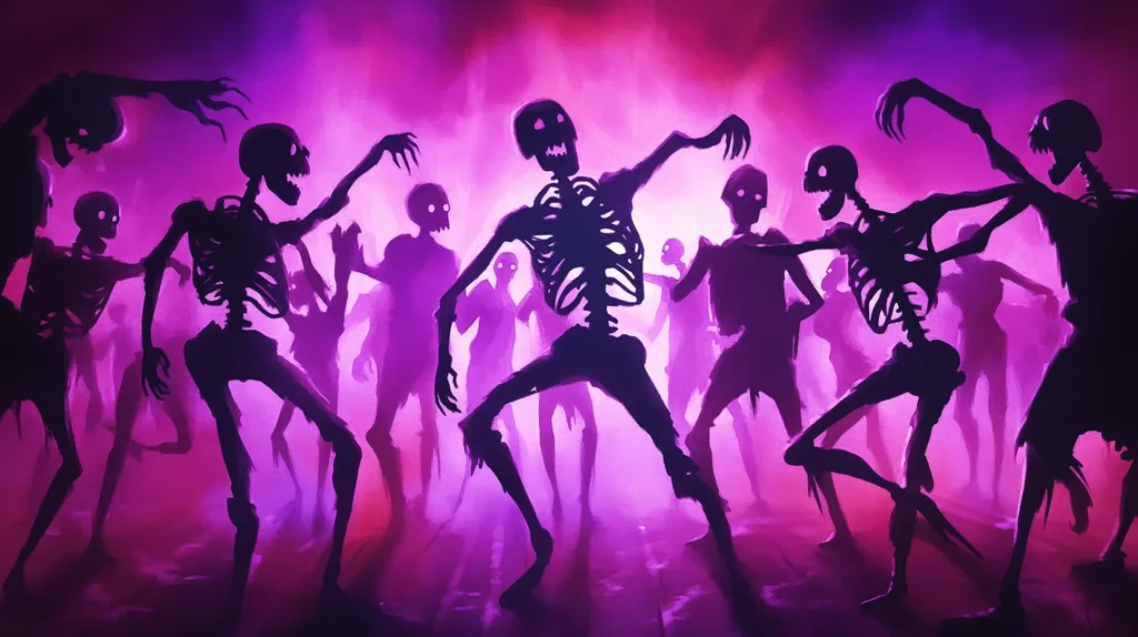 A group of skeletons dance in a dimly lit, purple room. The skeletons are silhouetted against the purple light, creating an eerie and unsettling scene. Their movements are energetic and chaotic, suggesting a wild and uninhibited dance. The overall atmosphere is one of macabre celebration, hinting at a night of revelry in the underworld.