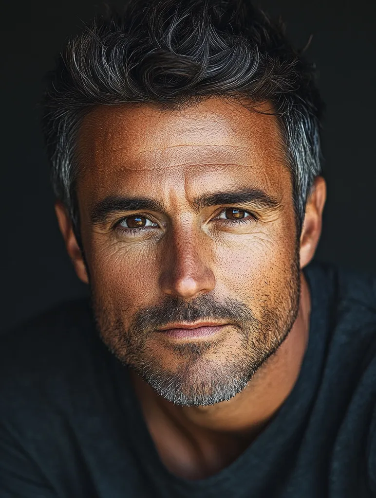The image shows a close-up of a man's face. He has dark brown hair with streaks of gray, and a neatly trimmed beard with gray hairs. He has brown eyes and a serious expression. His skin is tanned and his lips are slightly parted. He is wearing a black shirt. The background is dark and blurred, creating a dramatic effect.  The man appears to be in his late 30s or early 40s and exudes an air of confidence and maturity.