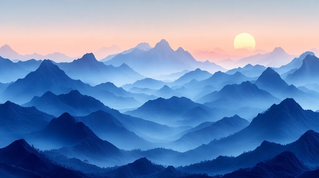 The image showcases a breathtaking panorama of a mountain range at sunrise. Layers of blue mountains stretch towards the horizon, shrouded in a misty haze.  The sun, a bright orb, hangs low in the sky, casting a soft, golden glow over the scene. The peaceful, serene atmosphere evokes a sense of tranquility and awe at the beauty of nature.