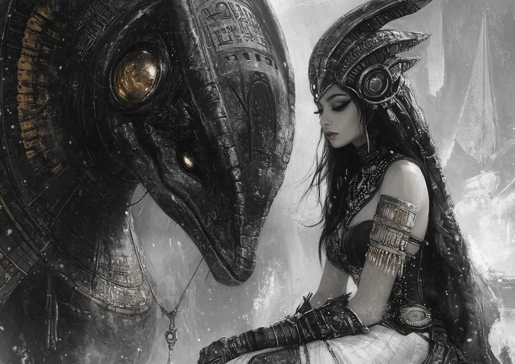 A woman with long black hair and a feathered headdress looks down at the ground, her face solemn. She is adorned with intricate jewelry and a leather bracer. Beside her, a large, black, metallic creature with a long snout and a single, golden eye gazes at her with a sense of understanding. The image is rendered in shades of gray and black, with a hint of gold, creating a stark and mysterious atmosphere. The composition is intimate, emphasizing the connection between the woman and the creature. The background is blurred, drawing attention to the central figures and their interaction.