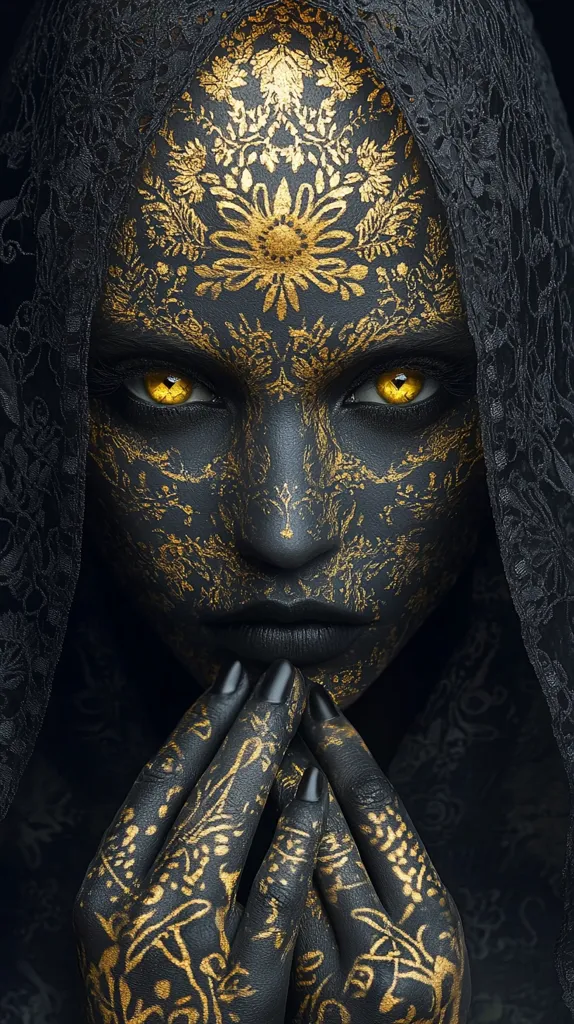 A woman with black skin and gold painted designs on her face and hands is wearing a black lace veil. She is looking directly at the viewer with an intense gaze. Her hands are clasped together in front of her. The image creates a mysterious and powerful atmosphere.