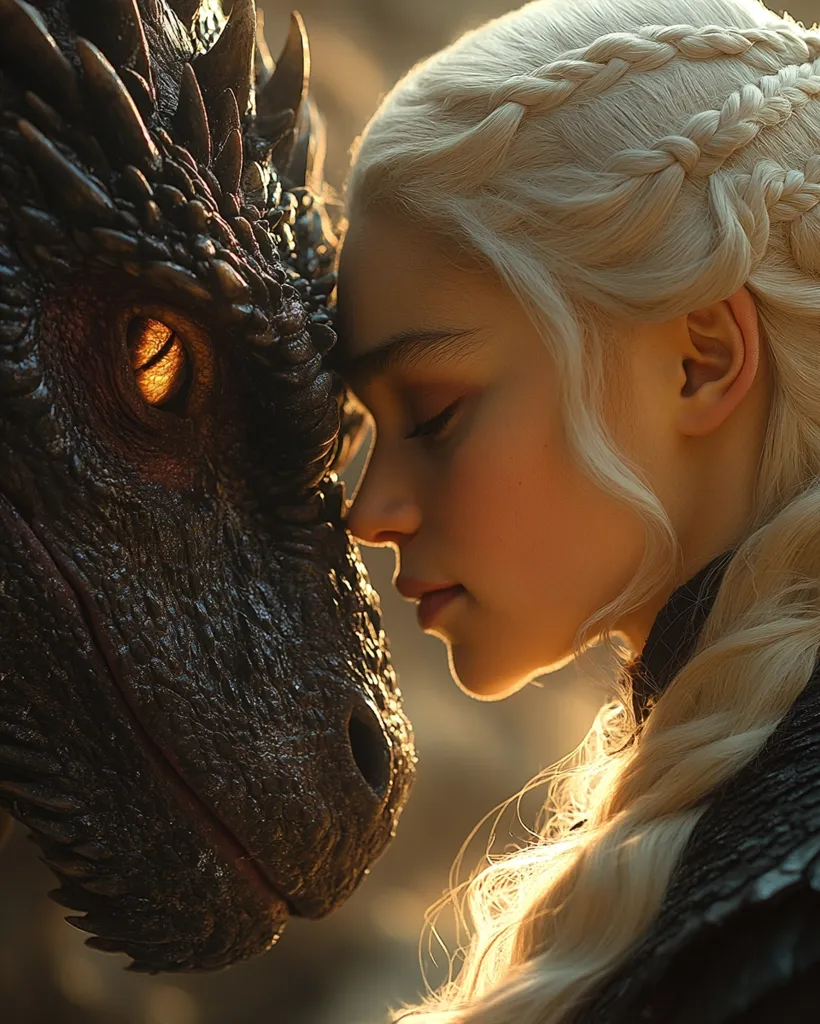 A young woman with long, blonde hair braided in a complex pattern leans in to touch her nose to a large, black dragon. The dragon’s golden eye is open, and it seems to be looking at the woman with affection. The background is blurred, suggesting a warm, golden light.