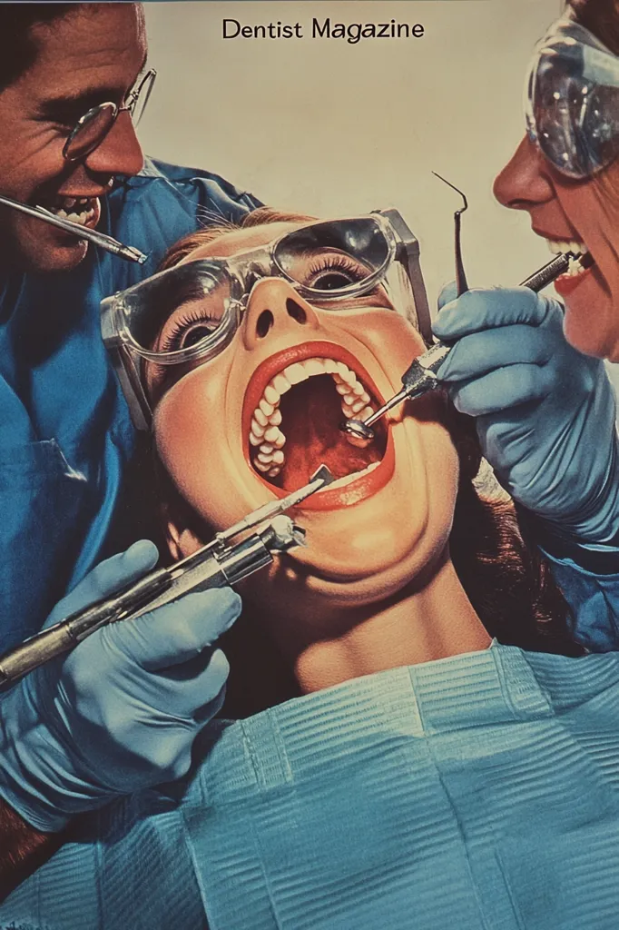 The image shows a woman sitting in a dentist's chair, her mouth wide open, while a dentist, wearing blue gloves, uses a drill to work on her teeth. The woman is wearing protective glasses. The image is from a magazine, which is reflected in the title "Dentist Magazine" at the top. The image captures a moment of intense focus and concentration. The stark lighting and close-up shot create a sense of realism and immediacy.