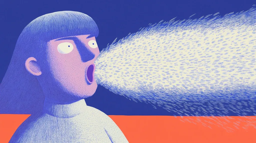 The image depicts a cartoon person with blue hair and a white sweater, with their mouth wide open, as if screaming or yelling. A white, slightly textured spray of lines comes from their mouth, appearing to be a representation of sound waves.  The background is a vibrant blue with a red stripe at the bottom. The illustration has a slightly humorous and playful tone, perhaps suggesting the power of a person's voice.