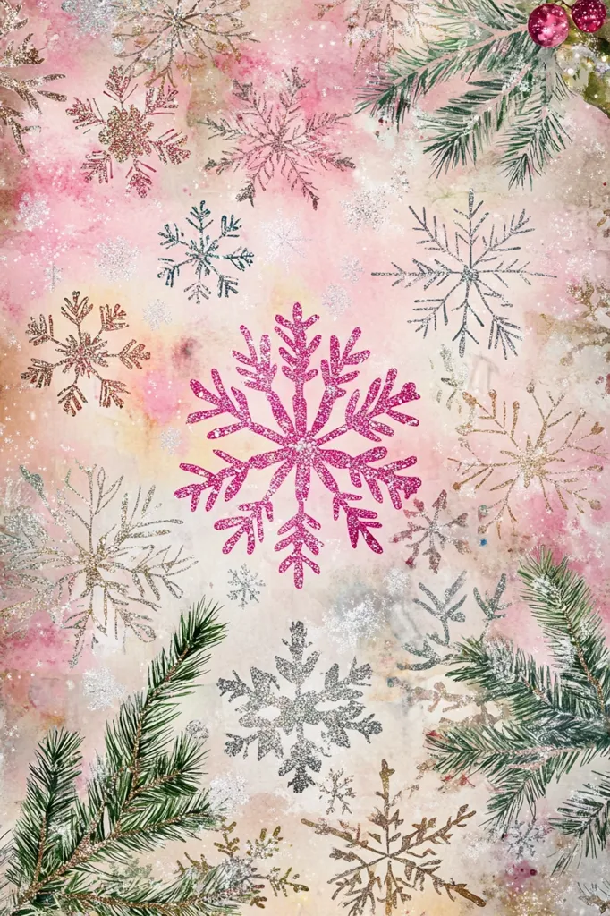 The image depicts a watercolor background with a pink hue and a snowy texture. It features numerous snowflakes of various sizes and colors, including silver, gold, pink, and blue.  The snowflakes are adorned with glitter, giving the image a sparkly and festive feel. Additionally, a few evergreen branches with snowy accents add a touch of wintery charm. The overall effect is a whimsical and celebratory representation of the holiday season.
