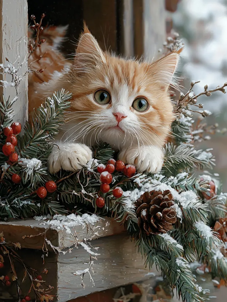 A fluffy orange and white cat with green eyes sits nestled in a wreath of evergreen branches. The branches are adorned with red berries and dusted with snow. A single pine cone hangs off the wreath. The cat looks directly at the viewer with a curious expression. The scene is a warm and festive winter setting.