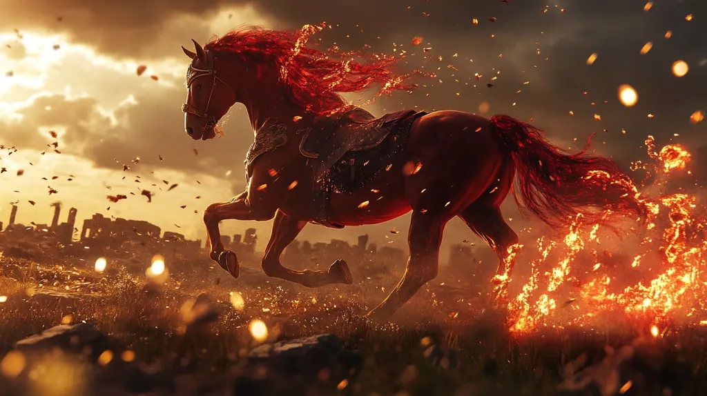 A fiery red horse gallops through a field, leaving a trail of flames in its wake. The horse's mane and tail are ablaze, and its hooves kick up sparks. In the distance, a city silhouette is visible against a cloudy sunset sky. The image evokes a sense of power, speed, and determination.