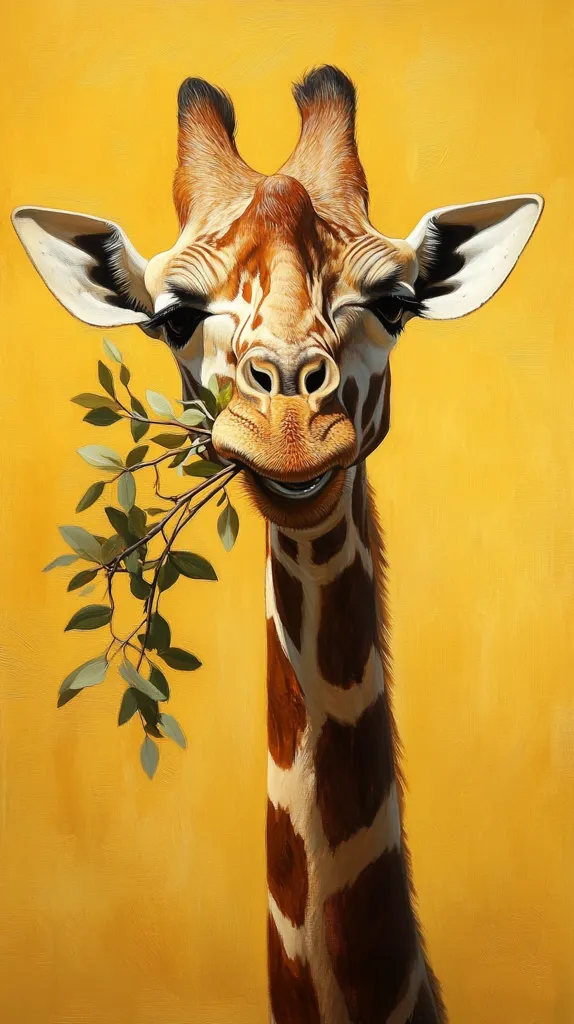 A giraffe with a long neck and brown and white spots is eating leaves from a branch. The giraffe's head is tilted down and its eyes are closed. The giraffe's mouth is slightly open, as if it is chewing. The background is a solid yellow color. The image is a close-up, showing only the giraffe's head and neck. The giraffe appears to be enjoying its meal.