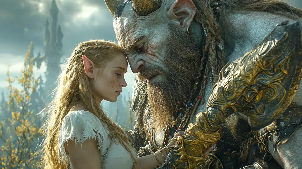 A large, muscular, horned, grey-skinned creature with a long beard and a golden axe leans down toward a young, fair-skinned elf with long blonde hair, pointed ears, and a white dress. The creature appears to be looking at the elf with affection, while the elf looks slightly worried. The background is blurry, suggesting an outdoor setting with a stone structure.