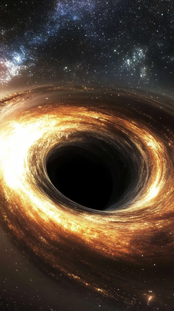 A black hole, a region of spacetime where gravity is so strong that nothing, not even light, can escape, is depicted in this image. The black hole is surrounded by a swirling accretion disk, a ring of gas and dust that is heated to extreme temperatures by the black hole's gravity. The image is set against a backdrop of stars, giving a sense of the vastness of space. The accretion disk is emitting light, giving the image a sense of energy and power. The image is a beautiful and awe-inspiring reminder of the power of nature and the vastness of the universe.