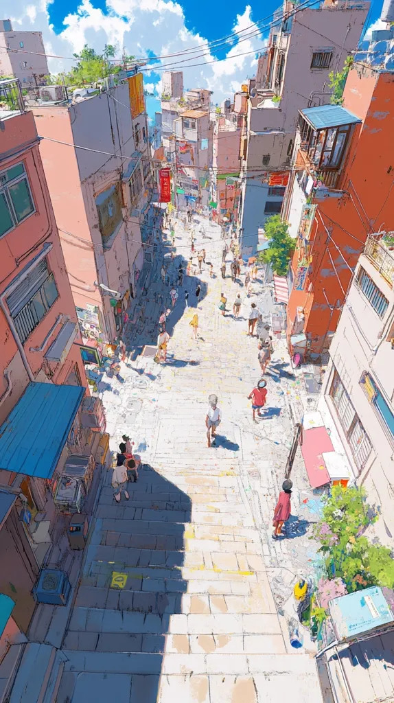 A narrow, sun-drenched street in a bustling city. People walk up and down the stone steps, passing colorful buildings and shops. The bright blue sky and warm sunlight cast long shadows, creating a sense of vibrant life and movement. The image is drawn in a cartoon style, giving it a whimsical and nostalgic feel.