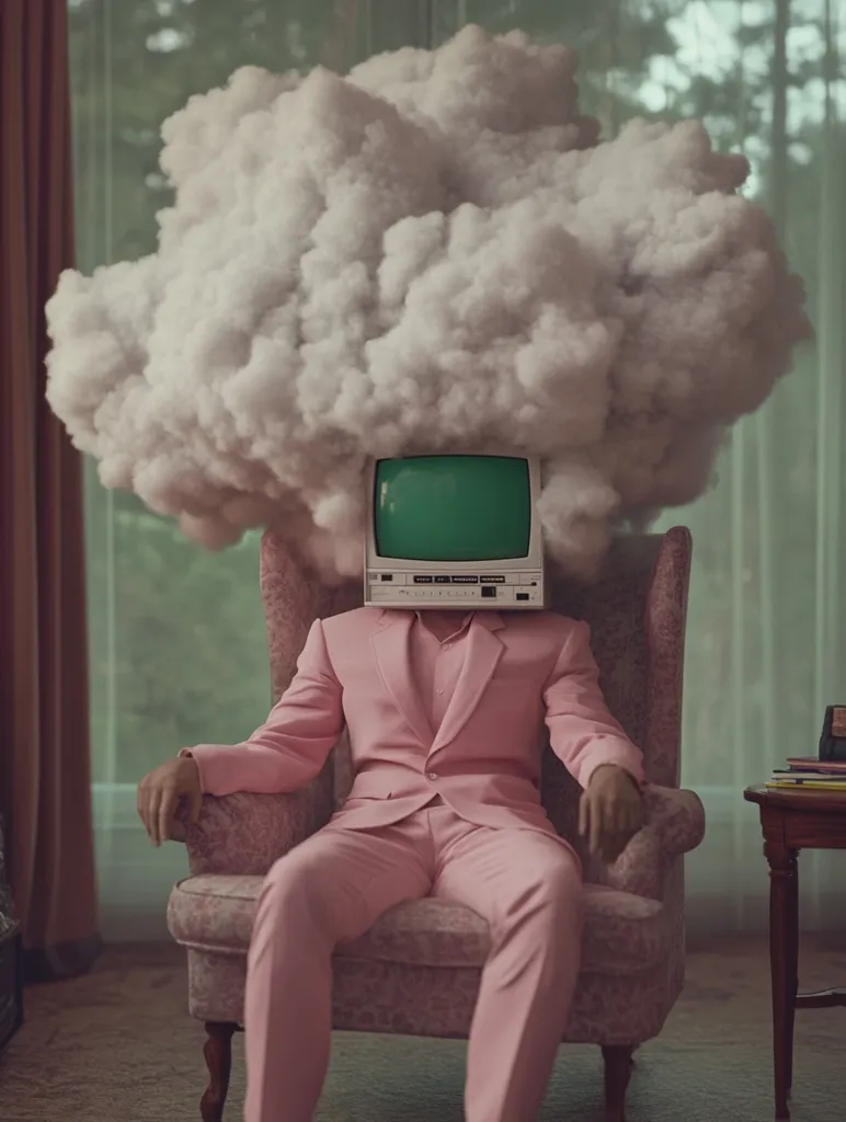 A figure wearing a pink suit sits in an armchair.  Their head has been replaced with a television, and a fluffy white cloud appears to be resting on top. The room is dimly lit and the television screen is green.  The background features a window, which appears to look out onto a forest.  The overall tone of the image is surreal and intriguing.