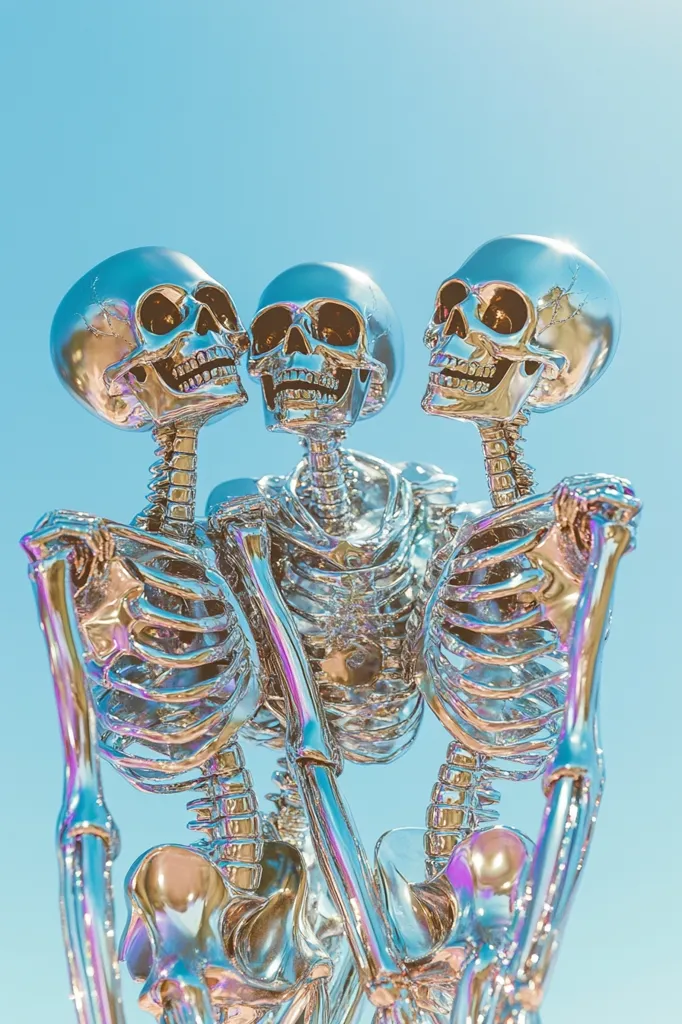 Three metallic skeletons are arranged in a way that their skulls appear to be kissing against a pastel blue sky. The skeletons are silver with an iridescent sheen, creating a striking contrast with the background. The image is a surreal and humorous portrayal of affection and mortality.