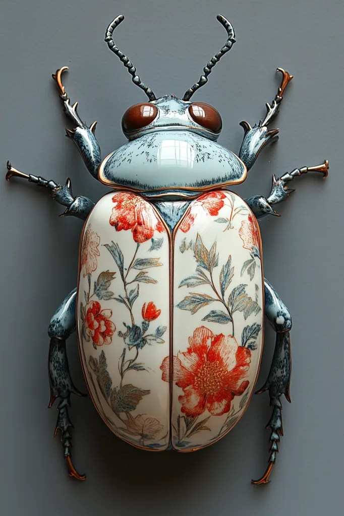 The image is of a ceramic beetle sculpture. The beetle is blue and white, with a floral pattern on its back. The floral pattern is red and gold, and the beetle's body has a glossy finish. The beetle is posed on a gray surface, with its legs spread out. The sculpture is highly detailed and realistic. The background is a simple gray color, allowing the beetle to stand out.  The intricate details and realistic appearance make it a captivating piece of art.