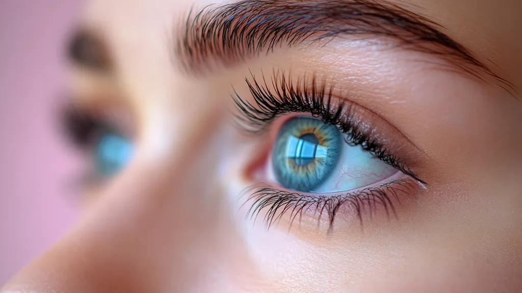The image is a close-up of a woman's eye. The blue eye is looking off to the side, with long, dark eyelashes framing it. The eyebrow is arched and perfectly groomed. The skin around the eye is smooth and flawless. The focus is on the eye, with the rest of the face blurred out of focus. The image has a soft, ethereal quality, making the eye look especially alluring and captivating.