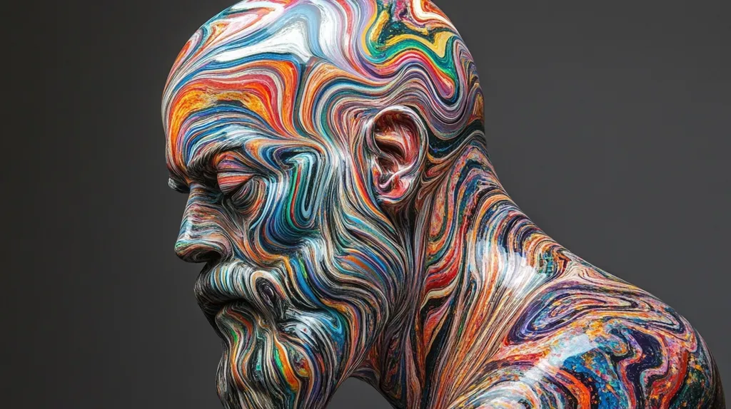 A 3D sculpture of a man's head and shoulders is covered in colorful, swirling patterns that resemble marbling. The sculpture is set against a gray background. The man's face is turned away from the viewer and his eyes are closed. The sculpture has a smooth, shiny finish and is highly detailed.