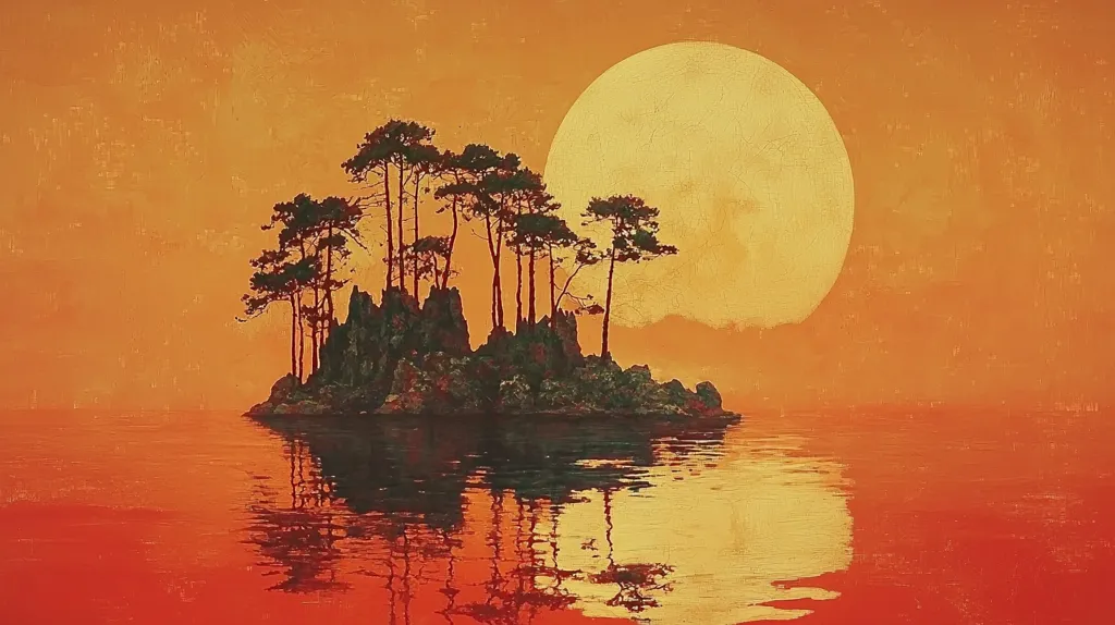 The image depicts a small island with a cluster of trees silhouetted against a large, glowing orb in the sky. The orb appears to be a setting sun or moon, casting a warm orange glow over the scene. The island sits in a calm body of water, with its reflection mirrored below the surface. The overall impression is one of peaceful tranquility and natural beauty.
