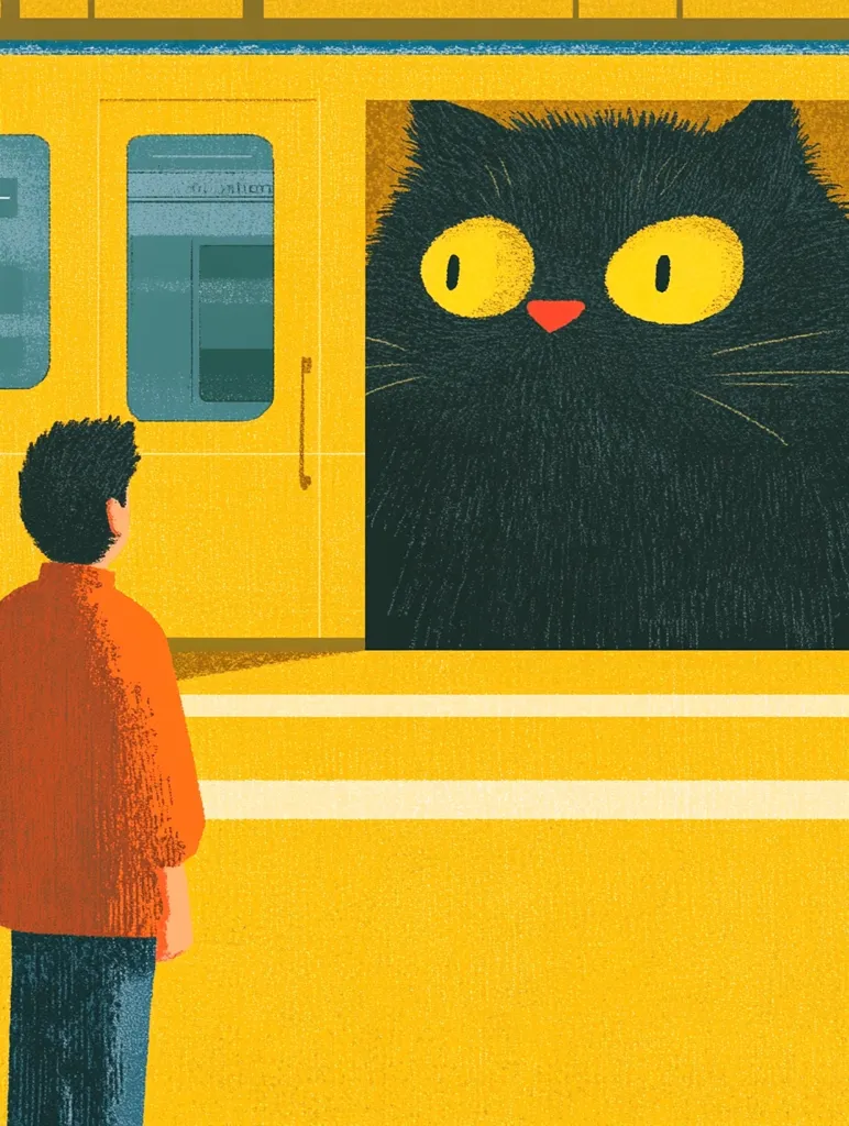 A man in an orange sweater and blue jeans stands in front of a yellow train door.  A large, black cat with bright yellow eyes and a red nose peeks out from behind the door.  The cat's fur is textured and fluffy.  The man appears startled and looks towards the cat.