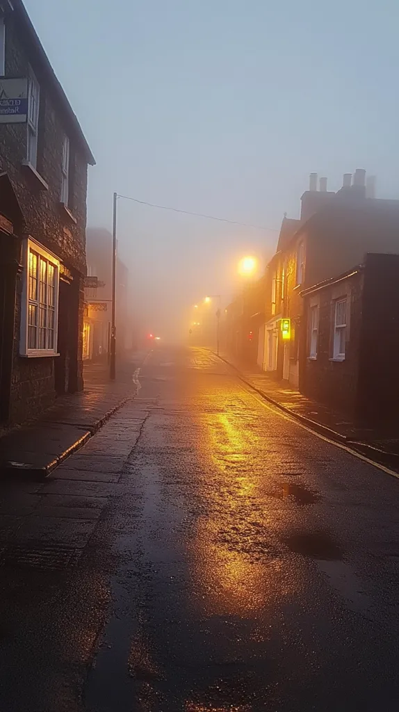 A narrow, misty street in a town, lit by a single street lamp, reflecting in the wet pavement. The buildings on either side are shrouded in fog, creating a sense of mystery and quiet. The only visible sign is above a doorway, with a name that is unclear. The scene is peaceful, yet slightly eerie, suggesting a calm but possibly lonely night.