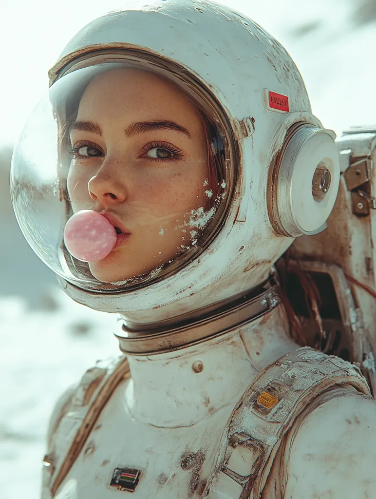 A young woman in a white astronaut suit looks directly at the camera. She is wearing a helmet, and her face is visible through the visor. Her lips are slightly parted, as if she is about to speak, and she is blowing a bubble with her gum. The background is out of focus, and the image has a vintage, faded feel.  The woman's confident gaze and the weathered texture of the suit create a sense of mystery and adventure.
