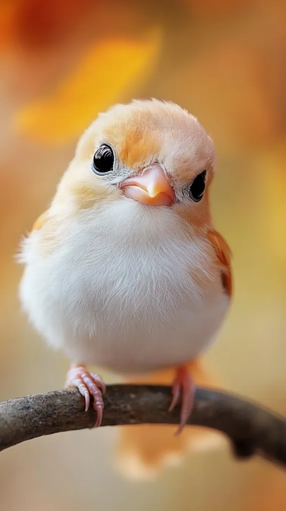 A small, fluffy bird with a white chest and brown wings perches on a branch. The bird has large, dark eyes and a bright orange beak. Its feet are delicate and pink. The background is a blurred orange and yellow, reminiscent of autumn leaves. The bird looks at the camera with a curious expression.