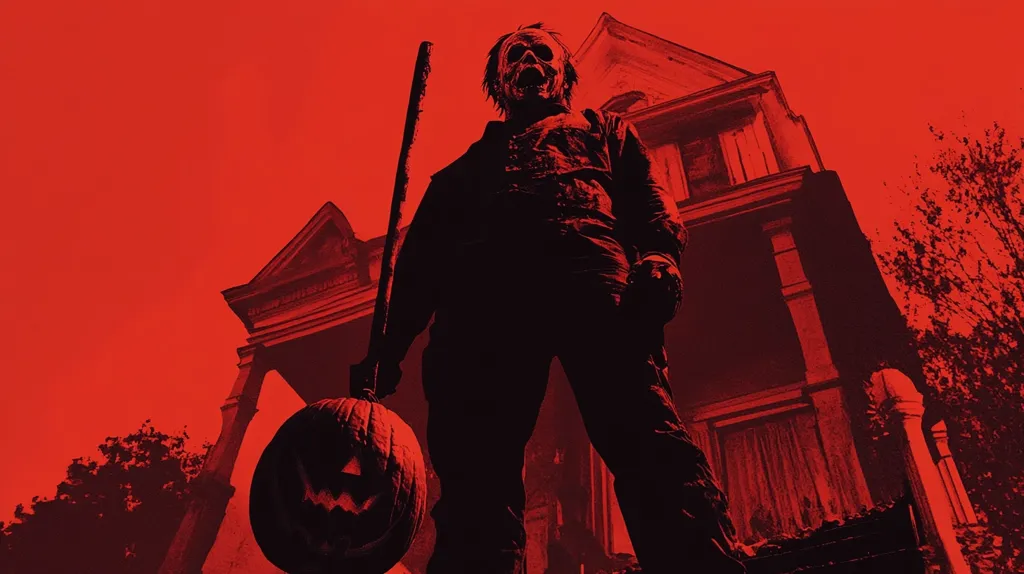 A menacing figure with a carved pumpkin on a stick stands before an old, creaky house. The figure has a horrific mask and is silhouetted against a bright red background.  The scene evokes a chilling atmosphere of horror.