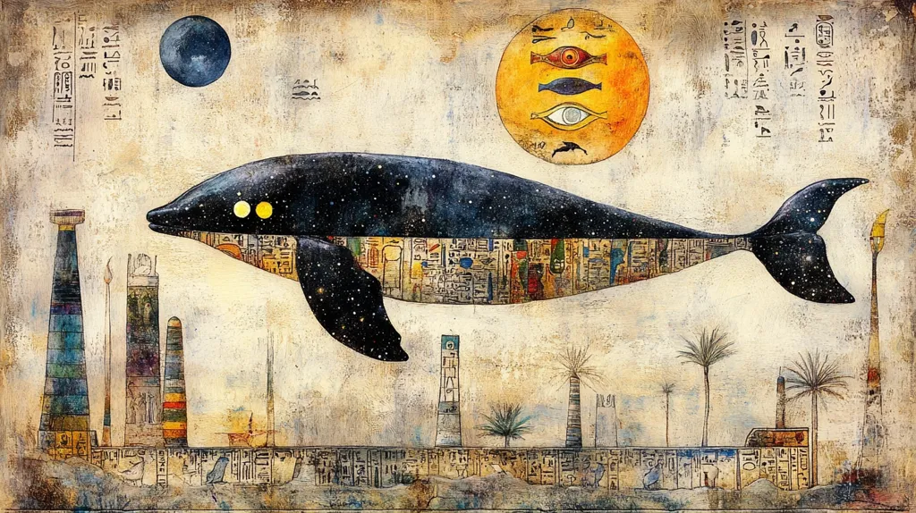 The painting depicts a stylized whale with a starry belly, soaring above a landscape of ancient Egyptian structures. The whale's body is adorned with hieroglyphs, suggesting a connection to ancient mythology and the cosmos. A large, yellow sun with an eye and fish motifs hovers in the upper right corner, while a blue moon sits in the left. The overall tone is mystical and evocative of the ancient world.