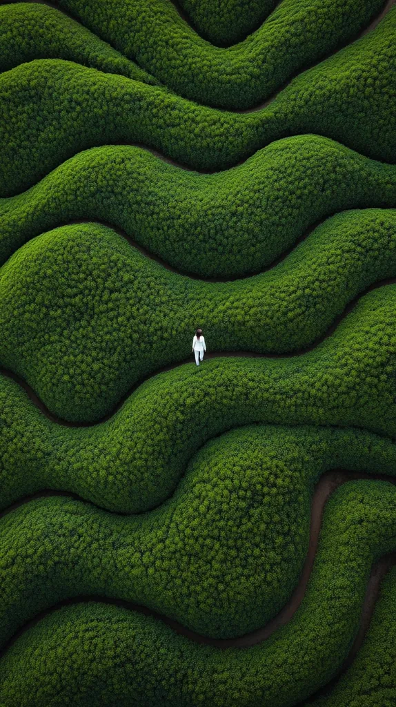 An aerial view of a lush, green landscape with a single person in white walking along a pathway. The ground is covered in undulating hills and valleys formed by densely planted vegetation, creating a mesmerizing pattern. The person appears small in comparison to the vastness of the landscape, emphasizing the scale and tranquility of nature.