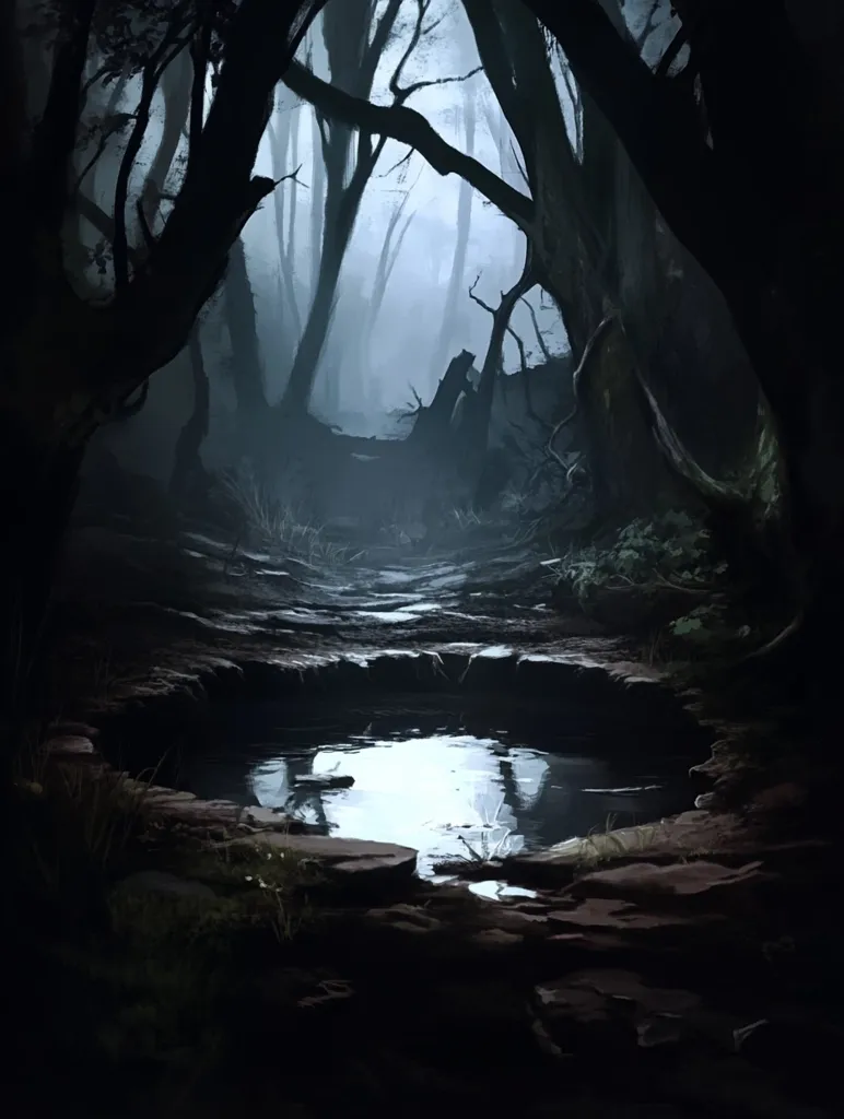 The image depicts a dark and mysterious forest path, shrouded in mist. The path leads to a small, still pool of water reflecting the faint light from the sky. The gnarled branches of the trees create a canopy overhead, casting long shadows on the ground. The overall atmosphere is one of secrecy and intrigue.  The image suggests a sense of isolation and wonder.