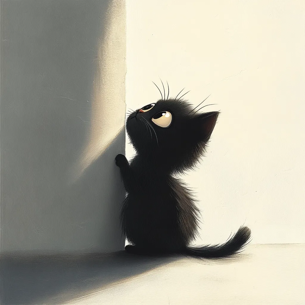 A small black cat with big eyes is standing on its hind legs, looking up at something with a curious expression. It is holding onto a white wall with its front paws. The cat's tail is curled around its back legs. The background is a simple white wall with soft light. The overall image is cute and playful.