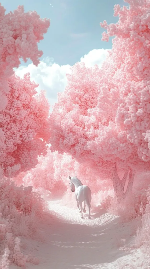 A white horse walks down a snowy path in a dreamlike forest of pink, fluffy trees. The sun shines brightly above, illuminating the magical scene. The horse's white coat stands out against the soft pink hues of the forest, creating a breathtaking contrast. The air is still and serene, inviting you to step into this whimsical wonderland.