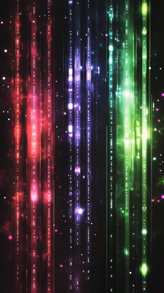 The image is a digital abstract with vertical lines of code in red, purple, and green. The background is dark and the code appears to be glitching and distorted. The image is bright and colorful. The code appears to be random and unreadable. The image evokes feelings of digital chaos and uncertainty.