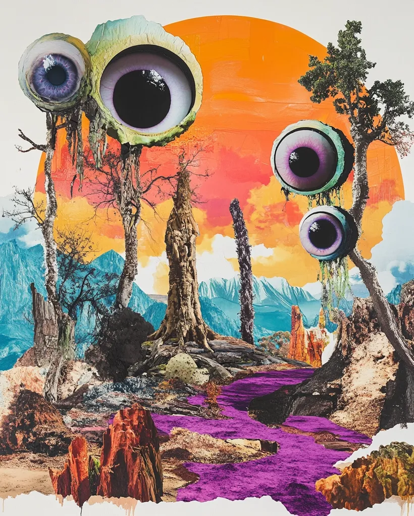 A surreal landscape with giant eyes growing on trees, a purple stream winding through a rocky terrain, and a large orange sun in the background. The composition is a mix of natural and abstract elements, creating a sense of wonder and strangeness. The colors are vibrant and the details are intricate, suggesting a world that is both familiar and alien.