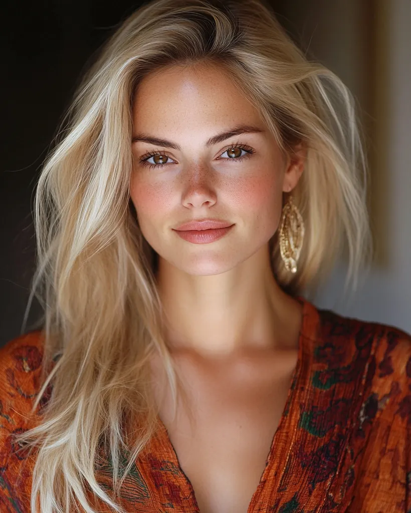 A young woman with long blonde hair is wearing a low-cut, orange, floral patterned top. She has light skin and freckles,  and is wearing gold hoop earrings.  Her hair is styled in loose waves and falls around her face. She is looking directly at the camera with a soft smile. The background is out of focus, but appears to be a brown wall.  The lighting is soft and warm, and the overall image is very natural and beautiful.