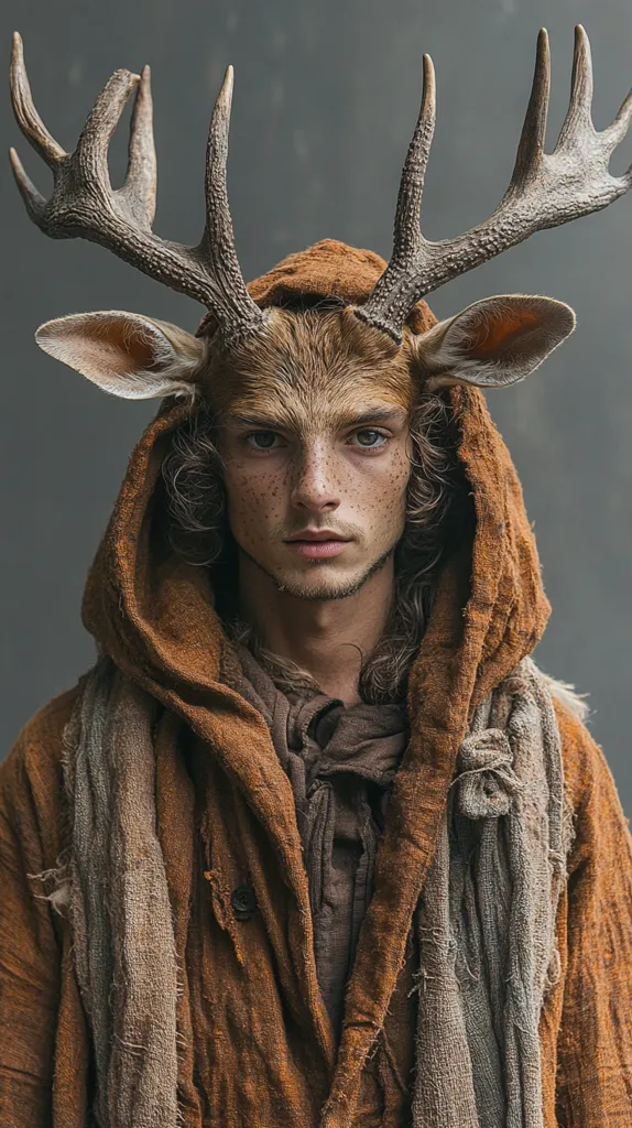 A young man with long brown hair wears a brown cloak and a deer-like mask with large antlers. He has freckles and a serious expression. The textured fabric of his clothing and the intricate antlers create a sense of mystery and intrigue. The background is a blurred grey, emphasizing the subject.
