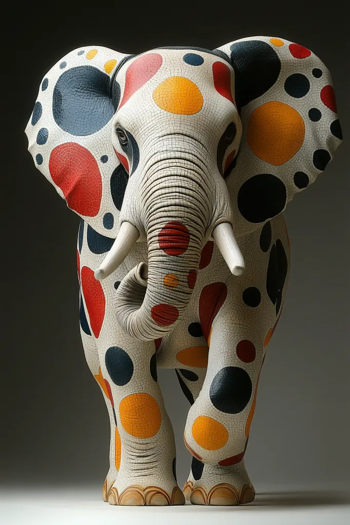 The image shows a ceramic elephant sculpture with a white base covered in large, colorful polka dots. The dots are red, yellow, black, and blue. The elephant is depicted in a walking pose with its trunk raised. The sculpture is highly detailed and realistic, capturing the texture of the elephant's skin. The background is a simple gray, highlighting the intricate details of the sculpture.
