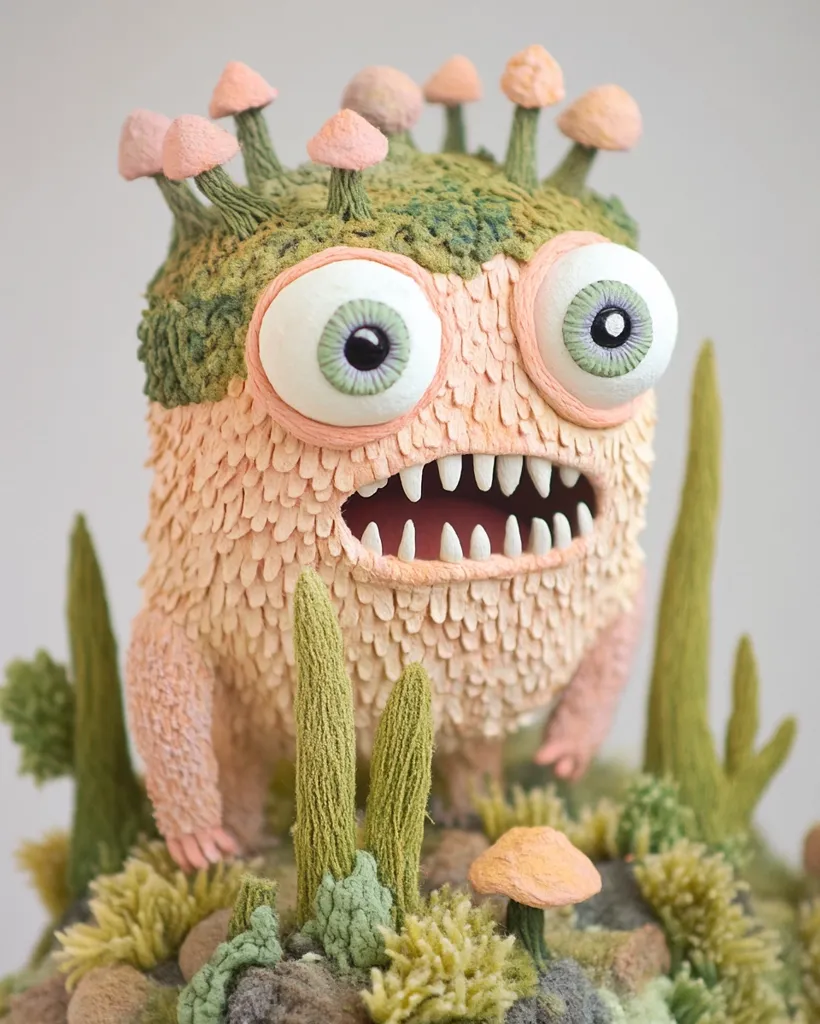 A whimsical monster made of felt and other materials stands in a miniature forest. It has large, expressive eyes, a wide, toothy grin, and a crown of pink mushrooms on its head. The monster is surrounded by fuzzy green plants and small rocks.  The overall scene is a playful and imaginative creation.
