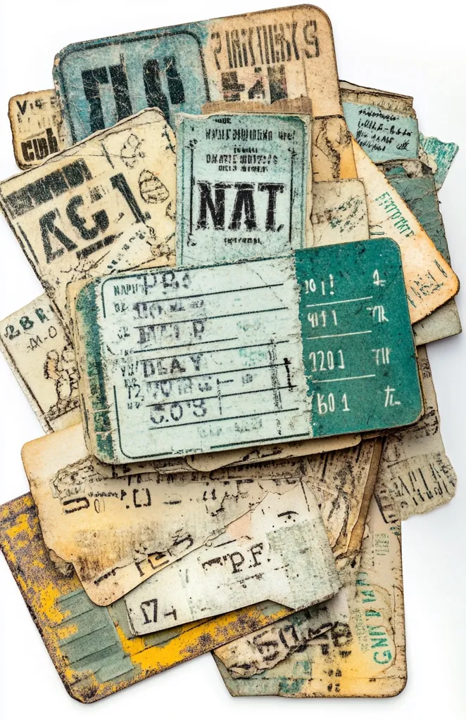 A pile of old, worn, and torn tickets and receipts. They are all different colors and shapes, and some are faded and have writing on them. They appear to be from a variety of places and times. The tickets are faded and worn, suggesting that they have been used and carried around for a long time. The pile of tickets evokes a sense of history and travel, as if they were collected from various journeys and adventures.