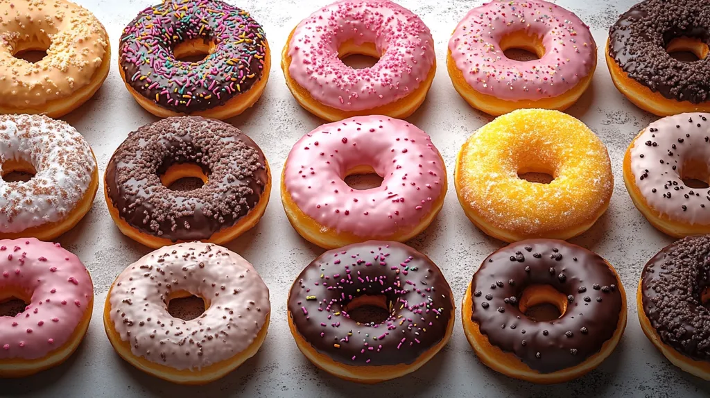 A dozen donuts in various flavors and toppings are arranged in a circle on a light gray surface. They include chocolate, vanilla, glazed, and sprinkles. The donuts are all fresh and appealing, with a variety of colors and textures. The image highlights the deliciousness of donuts and their appeal as a sweet treat.