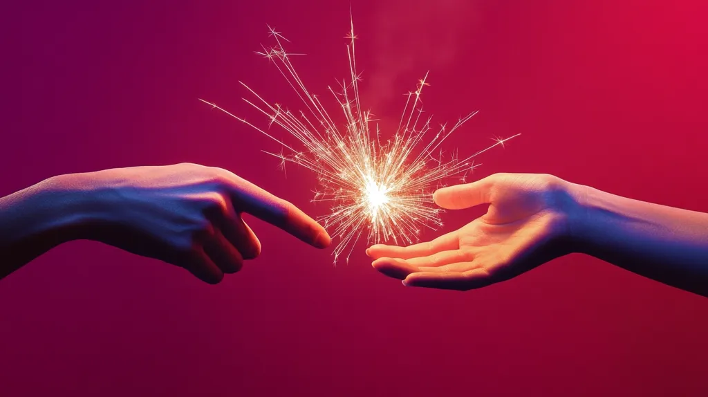 Two hands reach out to each other, a glowing sparkler bursting between their fingertips. The image is bathed in a warm, pink light, creating a romantic and celebratory atmosphere. The sparkler symbolizes connection and shared joy, evoking feelings of love, friendship, or a special moment.