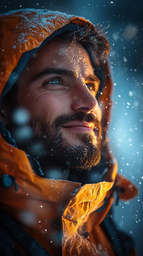 A man with a beard is wearing a bright orange jacket with the hood up and looking upwards. He is covered in a dusting of snow as it falls around him. The background is a blurry blue with a few white dots of snow falling. He looks contemplative and calm.  The light glints off the snow on his face and jacket.  The photo is taken in a close-up perspective and has a soft focus.