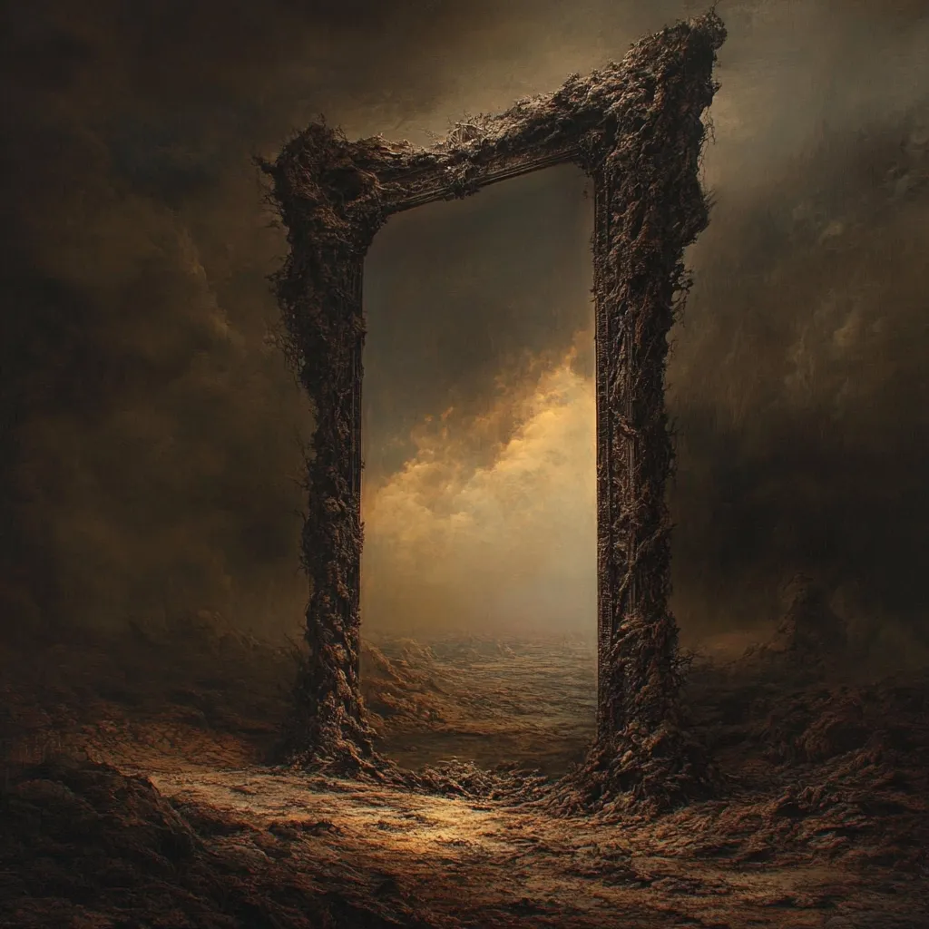 A large, skeletal frame of a doorway stands in a desolate landscape. The frame is covered in vines and appears to be made of stone. Through the doorway, a hazy, golden light shines, revealing a seemingly endless, barren land. The sky above is filled with dark, swirling clouds. The scene evokes a sense of mystery and otherworldly wonder.