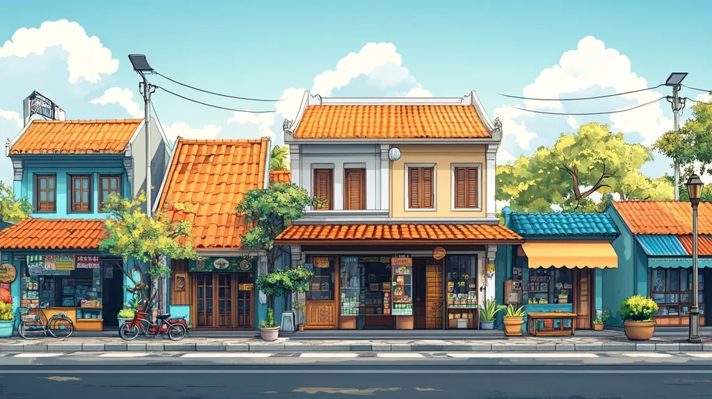 The image depicts a street scene with several colorful buildings. The buildings are lined up on the street, with a row of trees in front of them.  The buildings are all two-story with orange roofs and storefronts featuring a variety of goods. There is a motorbike parked in front of one of the shops. The sky is blue with white clouds. The scene is cheerful and inviting.