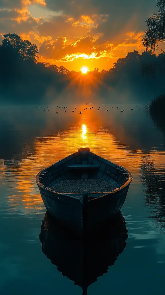 A small rowboat sits in a still lake at sunset, its reflection mirroring the golden sky. The sun is setting behind a line of trees, casting a warm glow on the water. The air is filled with a gentle mist, creating a peaceful and serene atmosphere.  A few birds fly overhead, adding to the beauty of the scene.