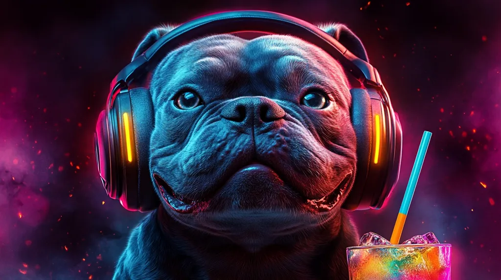 The image shows a close-up of a bulldog's face. The bulldog is wearing large, black headphones with yellow accents. The bulldog is looking directly at the viewer with a serious expression. The background is a blurred image of a dark, almost black, surface with a light, almost white, spot in the middle. The image is lit in a way that makes the bulldog's face appear to glow. The image is a funny and slightly surreal depiction of a bulldog listening to music.